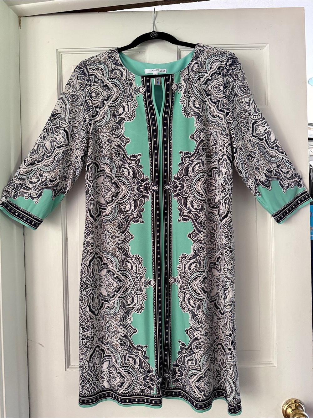 Mint Paisley-Print Midi Dress with 3/4 Sleeves
